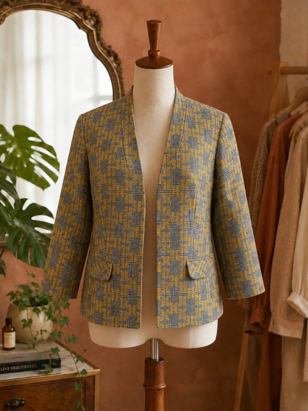 Kasper Yellow and Gray Plaid Open-Front Blazer